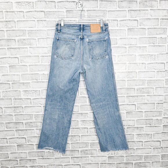 B SIDES Women's High Rise Raw crop wide leg Denim Jeans Distressed wash sz 28 - Picture 7 of 13